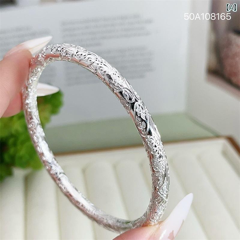 ブレスレット レディース 純銀 槌目紋 幸運言葉 中実 閉口 丸棒 シンプル ファッション 高級感 百搭 手..