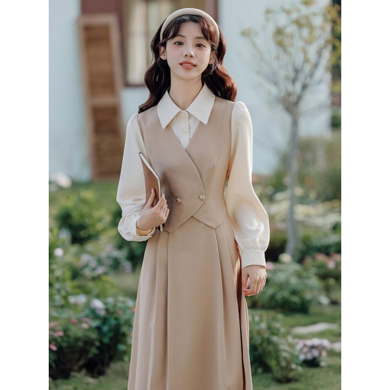 レディース ワンピース フェイクレイヤード 重ね着風 ロング丈 バイカラー 配色 細見え 体型カバー きれいめ 上品 ガーリー プレッピー 学院風 面接 オフィスカジュアル 通勤 デート 秋 春