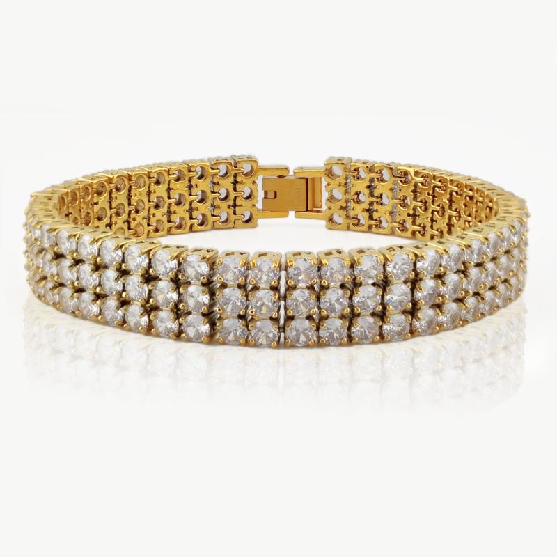 ブレスレット 男女兼用 テニスモチーフ ジルコニア 満載 三連 チタンスチール ヒップホップ ストリート..