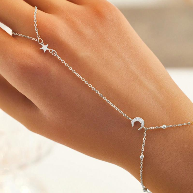 レディース 連指ブレスレット 925シルバー ジルコニア 星 月 モチーフ シンプル 個性 ファッション ア..