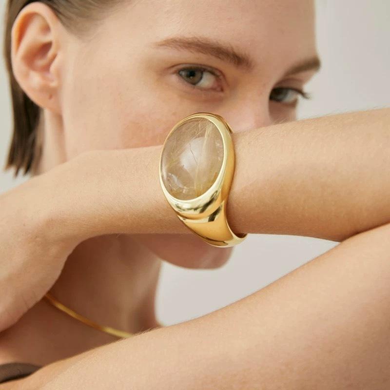 ブレスレット レディース レトロ 楕円 天然茶水晶 高級感 開口式 シンプル ユニーク コーディネート自..