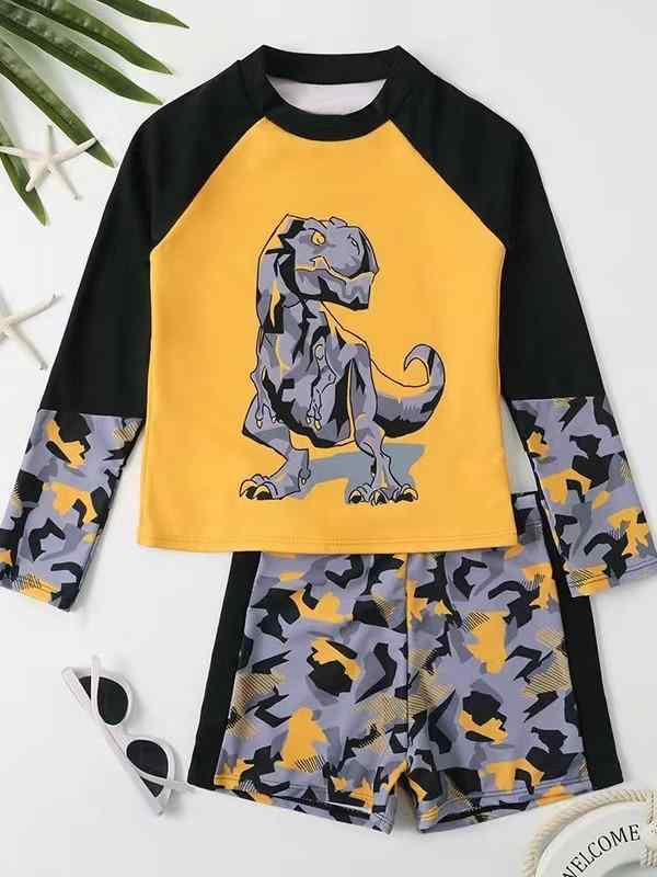 キッズ水着 男児 長袖ビキニ 花柄プリント 平角パンツ ジュニアサイズ 春夏用 軽量素材 吸湿速乾 欧米風デザイン