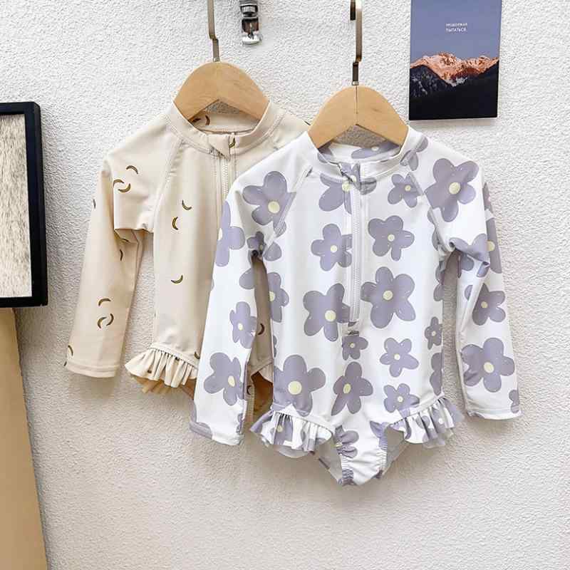 女児水着 キッズ 春夏 長袖 フラワープリント 連体 女の子 ベビー 小童 おしゃれ かわいい プリント柄 子供用 プール用 海用 ビーチ用 軽量 吸湿速乾 UVカット