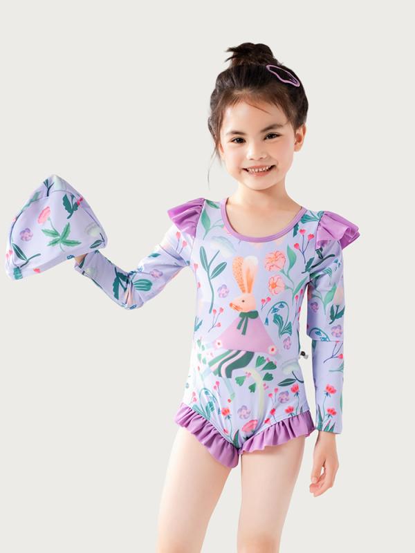Rakuten - 女児 キッズ 水着 ワンピース かわいい 紫 ウサギ 柄 温泉 泳装 プール ビーチ 春夏 速乾 軽量 快適 通気性 UVカット ガールズ スイムウェア 動物 プリント