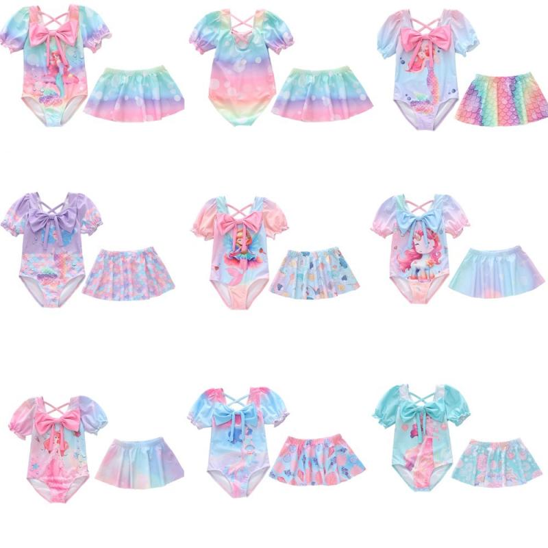 女児水着 キッズ 春夏 長袖連体 分体スカート UVカット 日焼け防止 学生用 学校プール 子供泳装 セパレ..