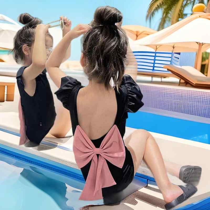 女の子ワンピース水着 リボン付き かわいい 春夏 UVカット 日焼け防止 温泉 プール ビーチ ベビー スイ..