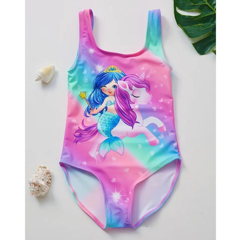 キッズ ワンピース水着 かわいい ユニコーン 人魚プリント ファンタジー ビーチ パーティー 春夏 沙滩装 度假 子供 連体 印花 公主 梦幻