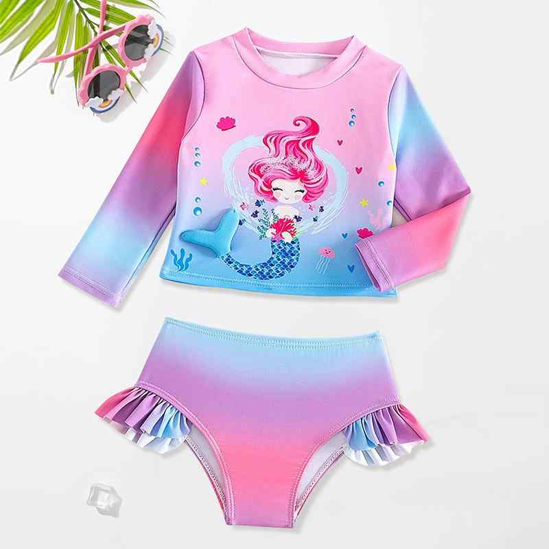 女児ツーピース水着 美人魚柄長袖 子供泳装 春夏用 速乾素材 かわいいデザイン キッズ水着 女の子向け