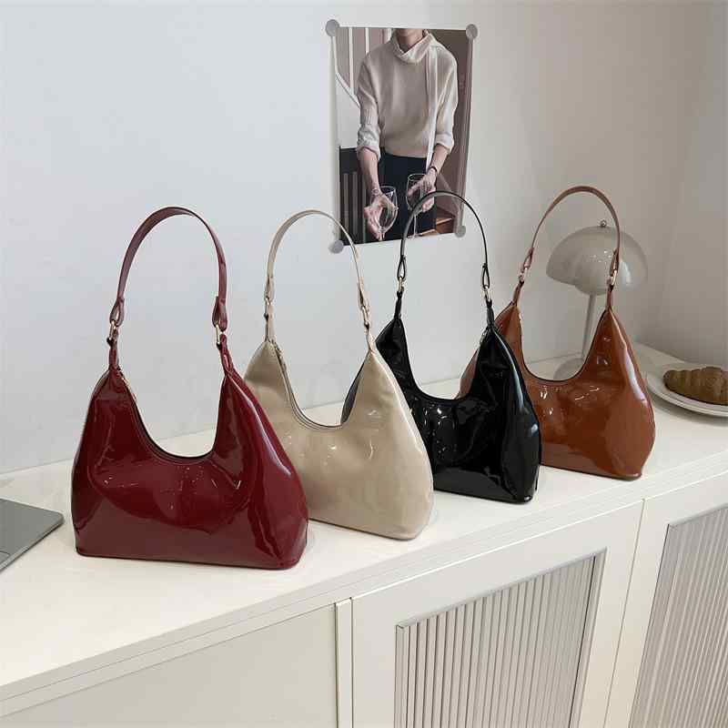 バッグ レディース レトロ エナメル 光沢 パン型 アンダーバッグ ショルダー ハンドバッグ 切り替え デ..