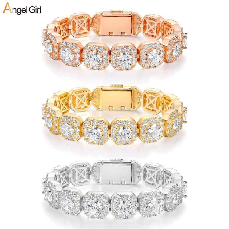 ブレスレット メンズ 銅製 12mm幅 ジルコニア 嵌め込み スナップ留め キューバリンク 氷糖パターン 高..