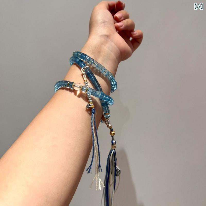 Rakuten - ブレスレット レディース アクアマリン ビーズ 水晶 串珠 マルチレイヤー 巻き 手串 ファッション アクセサリー 日常使い 軽量 デザイン 海モチーフ ジュエリー ギフト アイテム 女性 手首 装飾 天然石 風