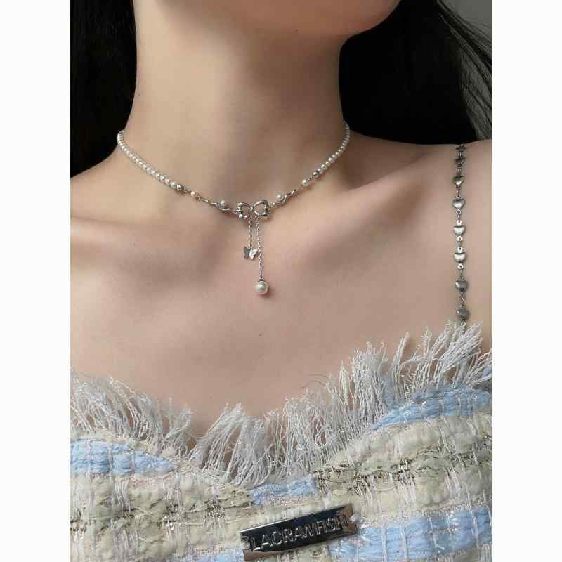ネックレス レディース シルバー 蝶結び タッセル フリンジ パール 鎖骨チェーン 高級感 ユニーク デザ..