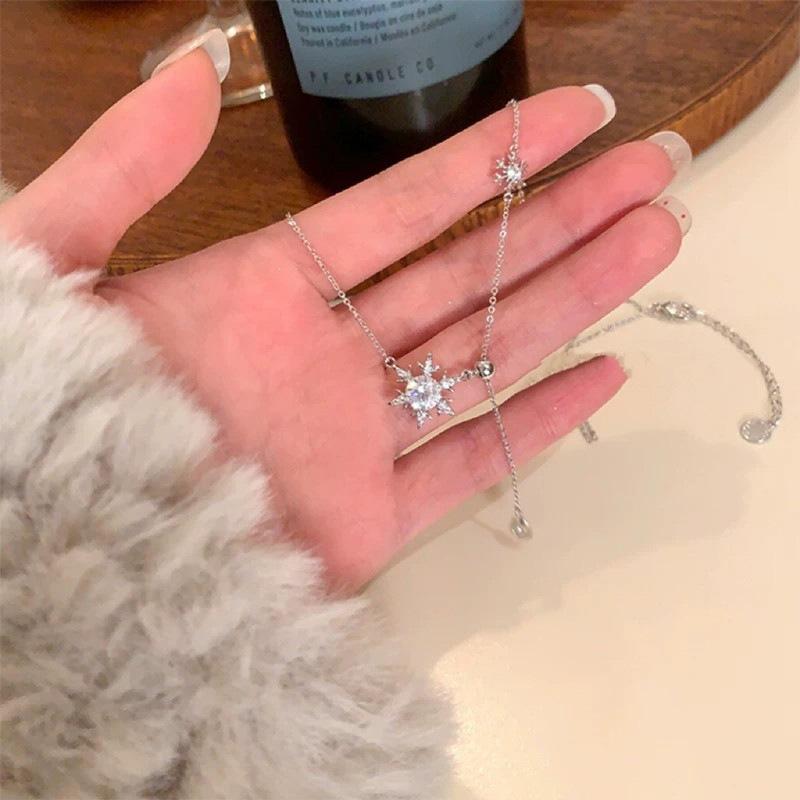 ネックレス レディース 925シルバー 雪の結晶モチーフ プルスライド フリンジ 高級感 鎖骨チェーン 気..