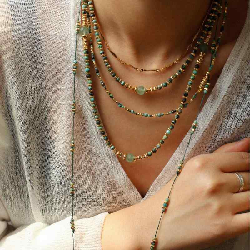 レディース ネックレス ボヘミアン風 アフリカンタージェリーーン グリーン ビーズ ストーン シンプル ..
