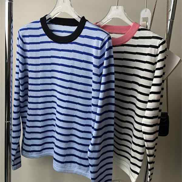 Rakuten - レディース 秋冬 ニット 長袖Tシャツ シンプル デザイン コントラストストライプ ゆったり スリム ラウンドネック トップス