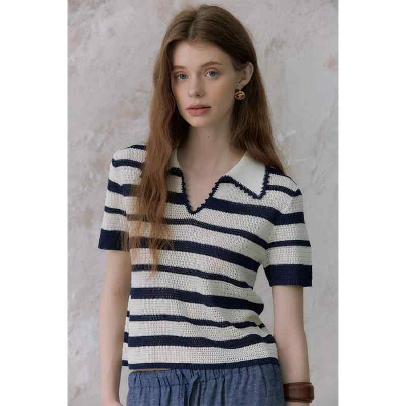 Tシャツ レディース 春夏 半袖 爽やか 接触冷感 軽量 吸湿速乾 高級感 再生繊維 リネン ニット 切り替え 襟付き 手編み刺繍花柄 トップス カジュアル 日常着 通勤