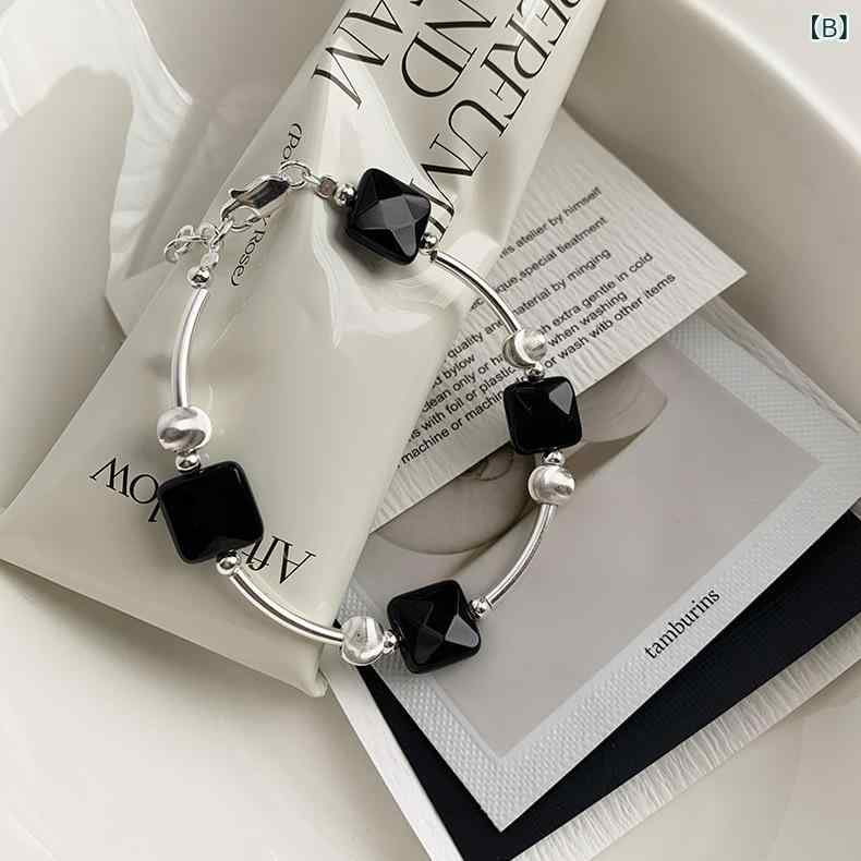 ブレスレット レディース 香港風 オリジナルデザイン インフルエンサー キューブ型 ブラックオニキス キャッツアイ 曲管 ハートモチーフ 純銀 S925 手串 アクセサリー ジュエリー ファッション 日常使い ギフト ラブリー スタイリッシュ モダン ト