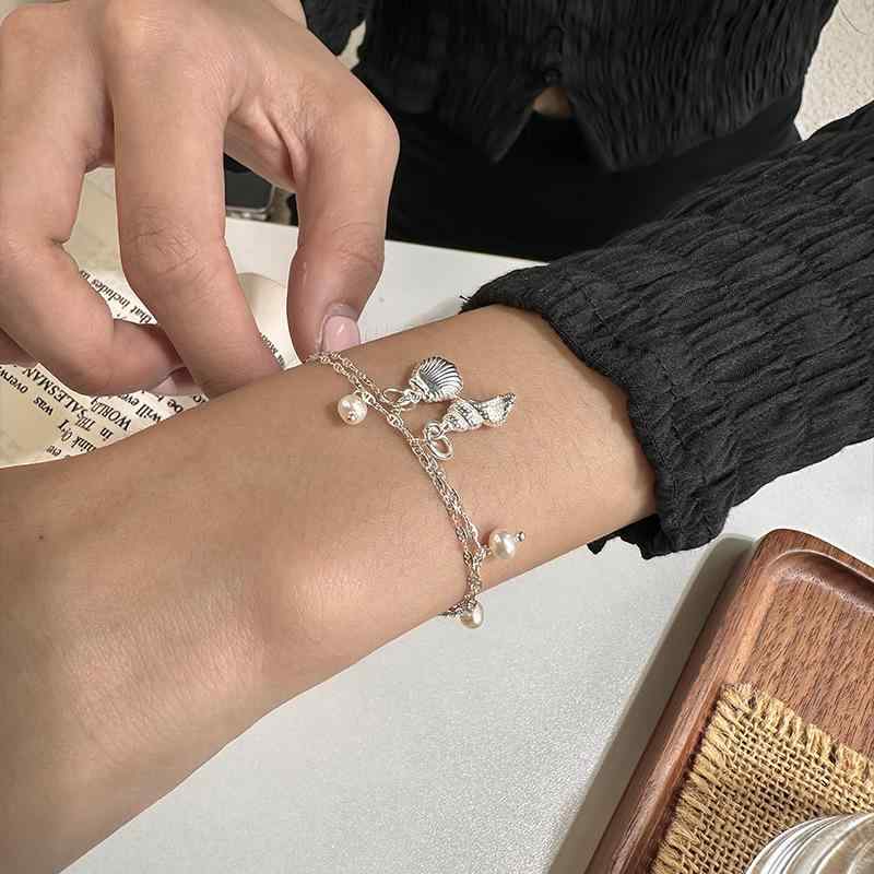 ブレスレット レディース 925シルバー 二層 淡水パール 海螺貝殻 デザイン 高級感 欧米風 軽奢 小众 ア..