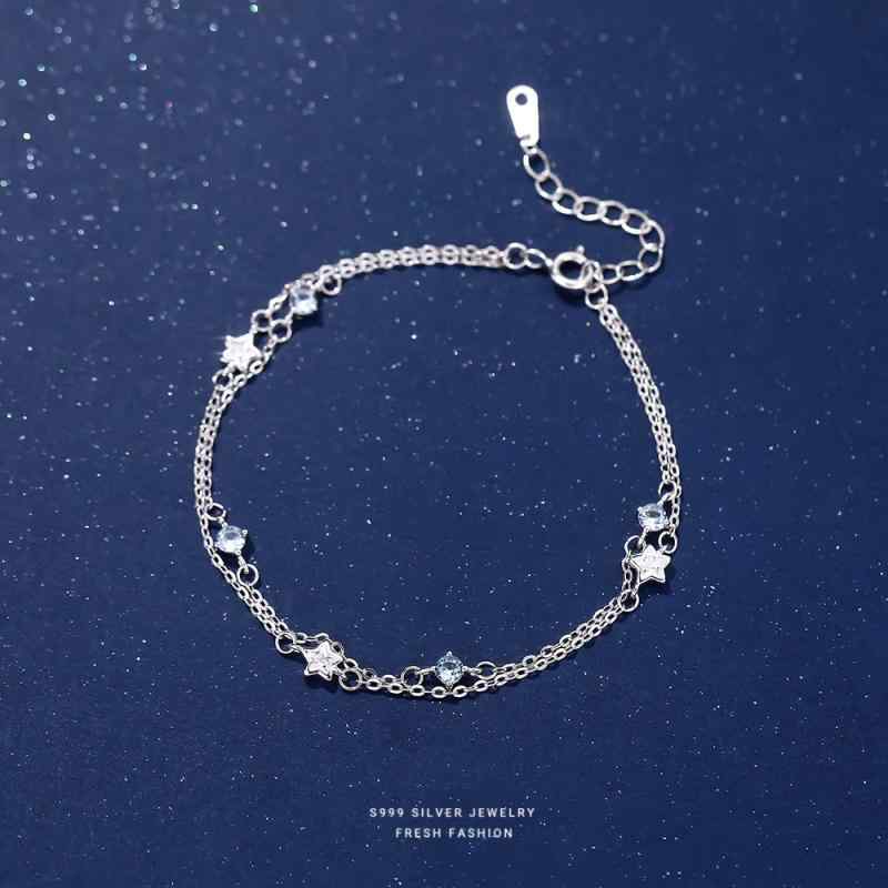 ・素材: シルバー・加工: ジルコニアインレイ・性別: 女性・形状: ジオメトリック・色: 白ジルコニア, 尖晶石, ホワイトゴールドプレート・サイズ: 16cm + 延長3cm・純度: S999銀・流行要素: 五角星, チェーン, 非対称...