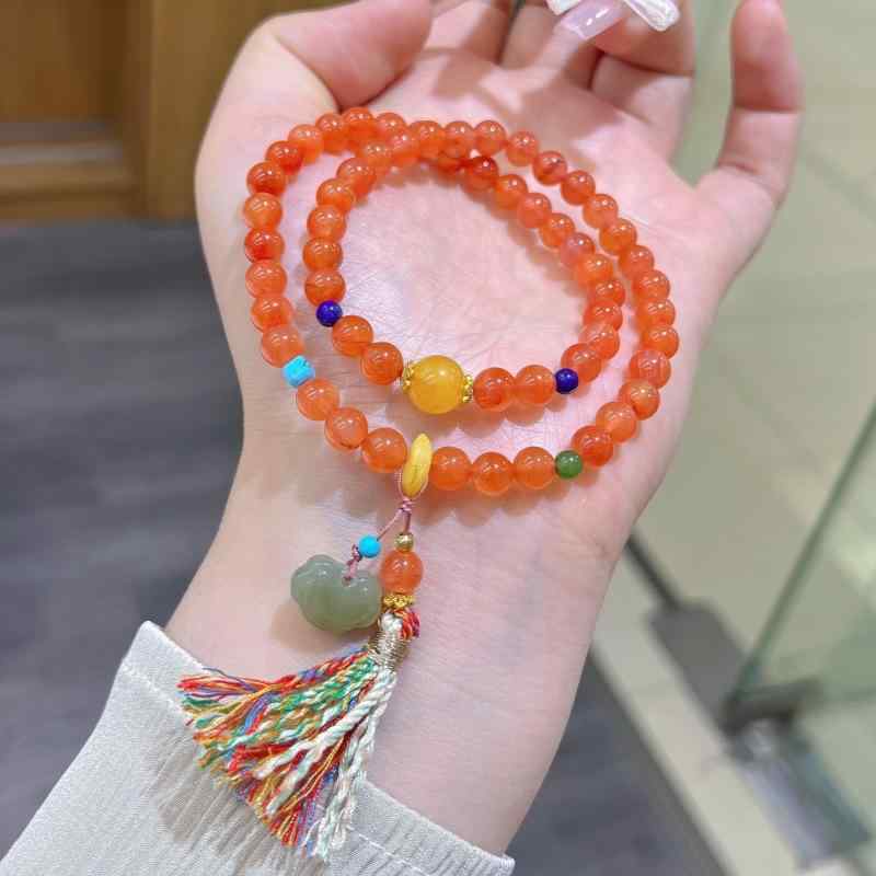 レディース ブレスレット チャイナ風 赤アゲート 和田玉 如意モチーフ タッセル ダブルサークル ビーズ アクセサリー 幸運アイテム 天..