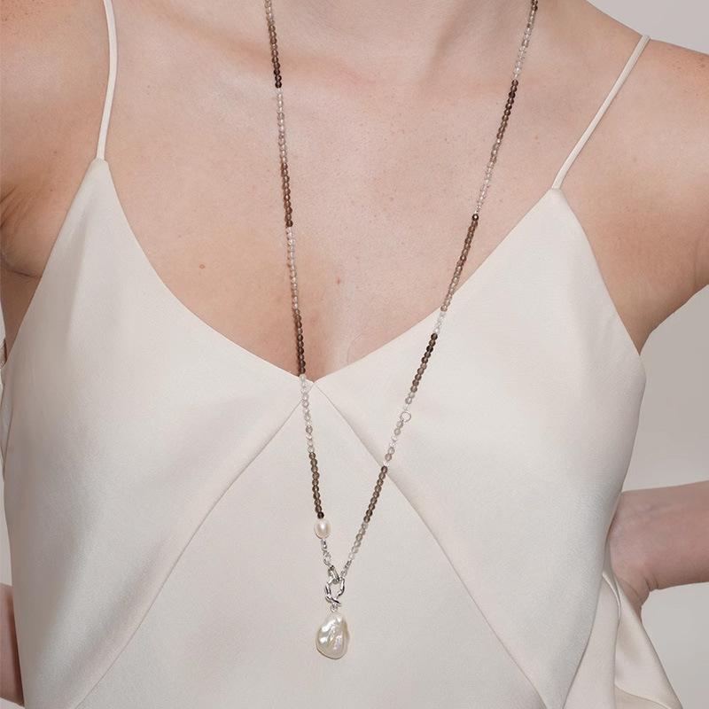 秋冬ロングネックレス天然水晶バロッ...