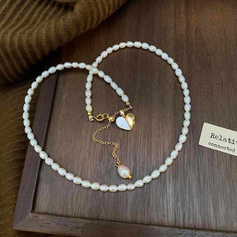 レディース 淡水パール ネックレス 小粒 シンプル ハートペンダント 鎖骨チェーン 上品 汎用 ファッシ..