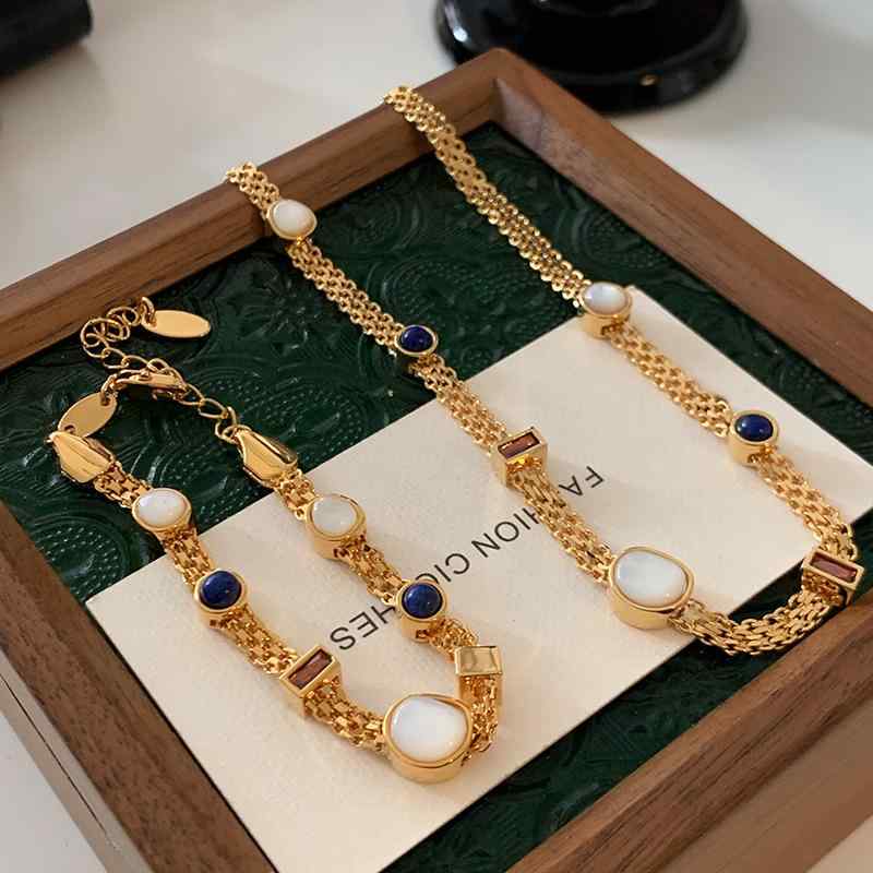 ネックレス レディース 天然パール 青金石 フレンチ レトロ ニッチデザイン 編み込み 鎖骨ライン 銅金..