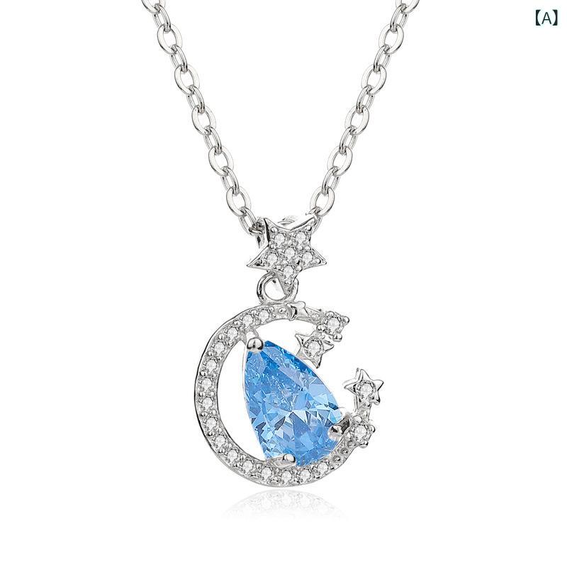 ネックレス レディース 純銀 星月モチーフ ペンダント 水滴型 鎖骨チェーン 韓国風 ファッション アク..