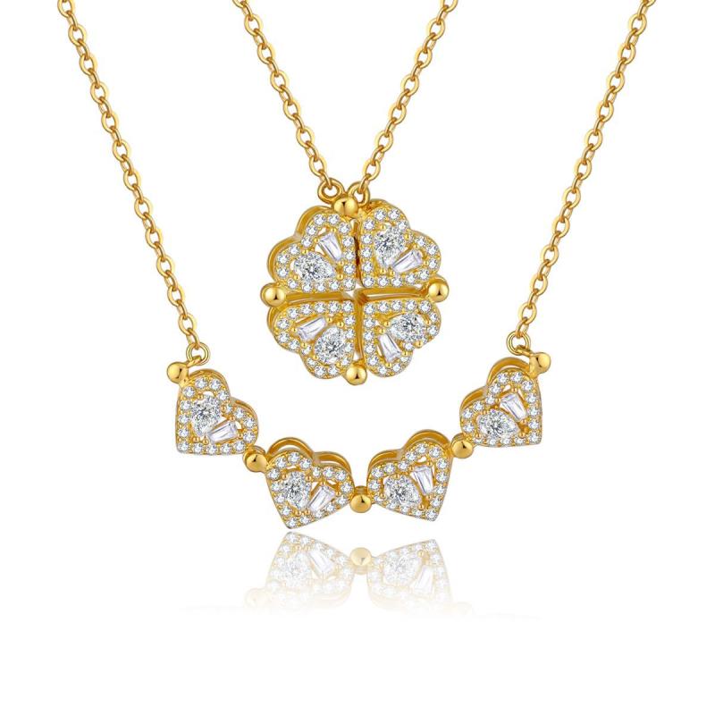 ネックレス レディース S925 純銀 四つ葉クローバー 磁気吸着 二通り着用 ジルコニア ハート 鎖骨チェ..