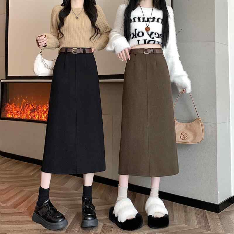 レディース 秋冬 スカート 香港風 レトロ ウール ミドルロング ペンシル スリット ブラウン系 ベルト付き 膝下丈 タイトフィット 暖か素材 女性用 ボトムス 半身丈 開衩デザイン 腰回り強調 ココア色 毛織り 復古スタイル 通勤向き 秋物 冬物 暖房