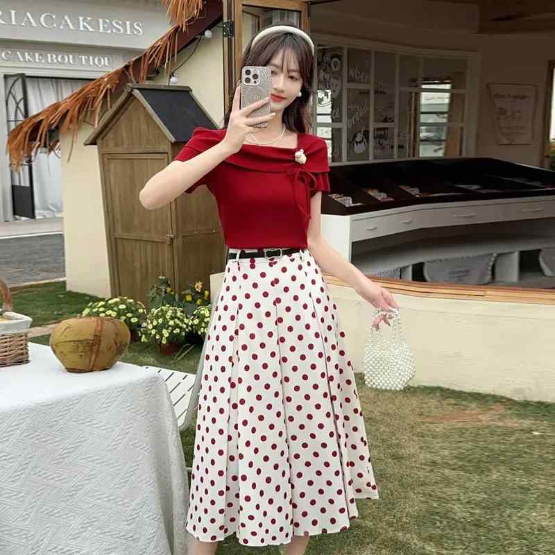 Women's Clothing - セットアップ レディース 春夏 ポルカドット スクエアネック トップス ミディスカート レトロ デザイン 気質 別致 兩件套