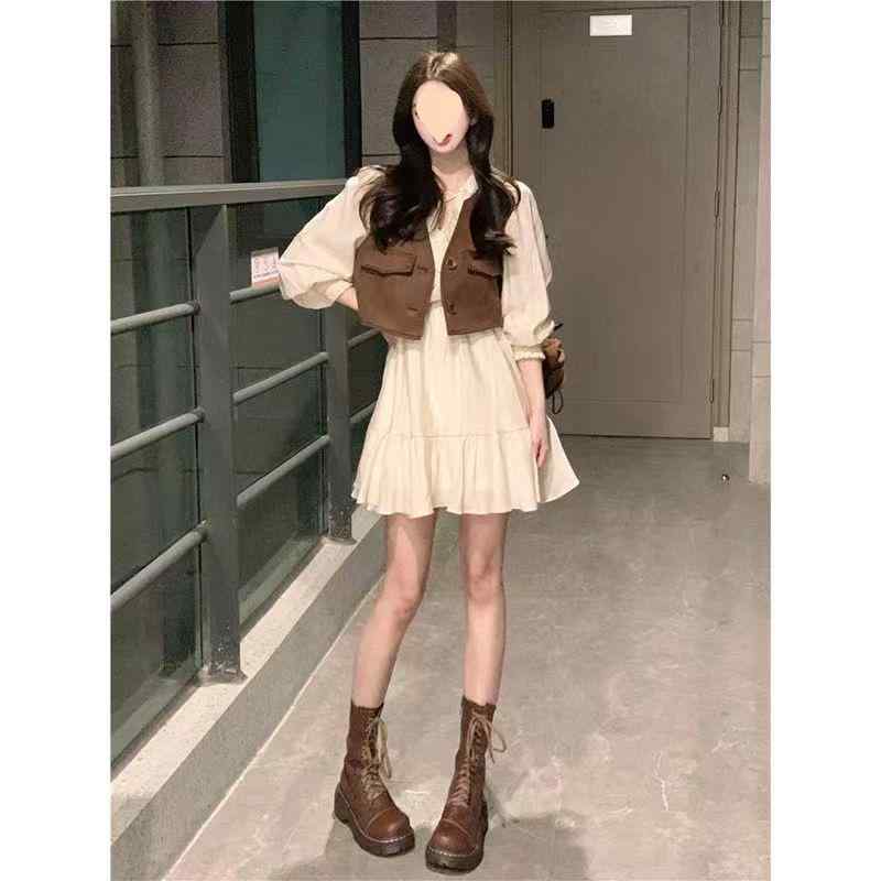 レディース 秋冬 長袖 ワンピース ゆったり レイヤード ベスト 2点セット レトロ 香港風 カジュアル 個..