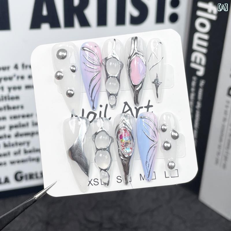 レディース つけ爪 ハンドメイド 二色グラデーション クリア透け 不規則デザイン メタル浮雕加工 欧米..