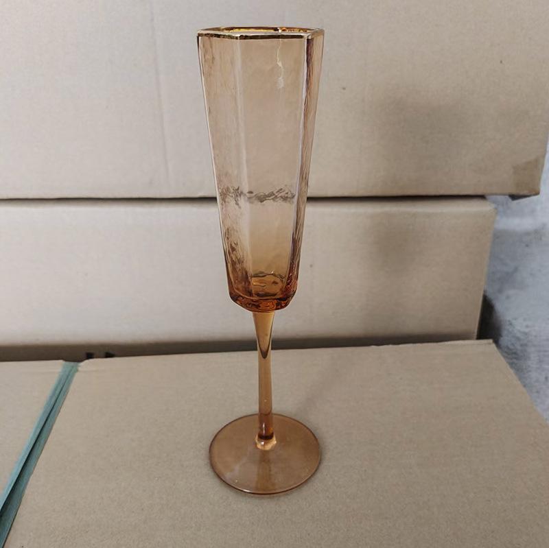 グラス 家庭用 北欧風 金縁 ハンマー模様 シャンパンカラー 六角形 ガラス製 ワイン シャンパン 果汁 ..