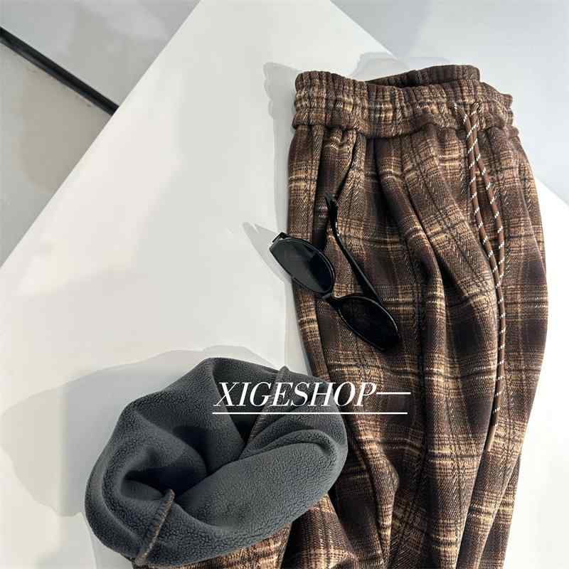 Pants - パンツ レディース 秋冬 レトロ キャラメル チェック柄 フリース ワイドレッグ ストレート ロングパンツ スリム 百搭 カジュアル