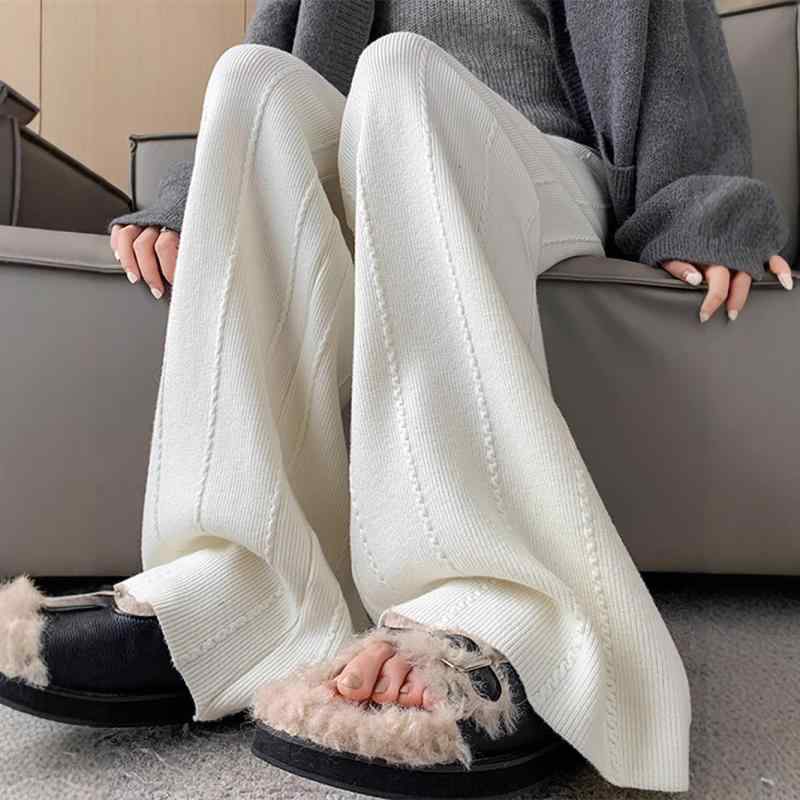 レディース ワイドパンツ ハイウエスト ストレート ニット スポーツ 低身長対応 ロング丈 ホワイト 春秋