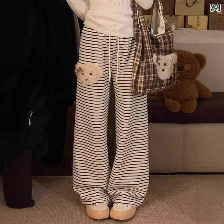 レディース 秋冬 ワイドパンツ ゆったり ストレート ストライプ柄 かわいい 犬模様...