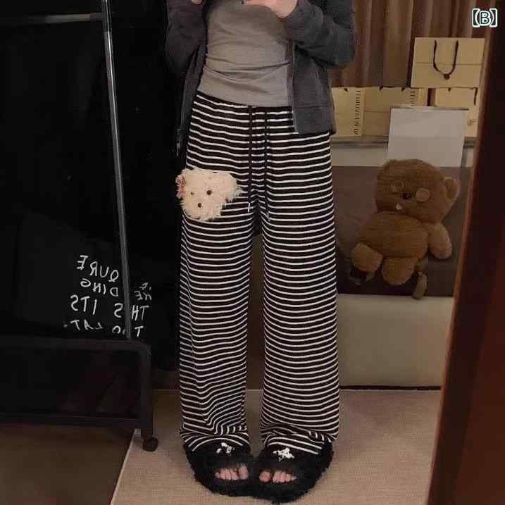 レディース 秋冬 ワイドパンツ ゆったり ストレート ストライプ柄 かわいい 犬模様...