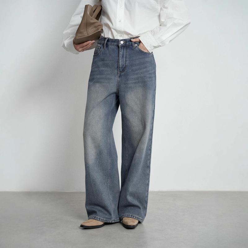 デニムパンツ レディース ハイウエスト 秋冬 保温 レトロ ストレート スリム カジュアル ウォッシュド ..