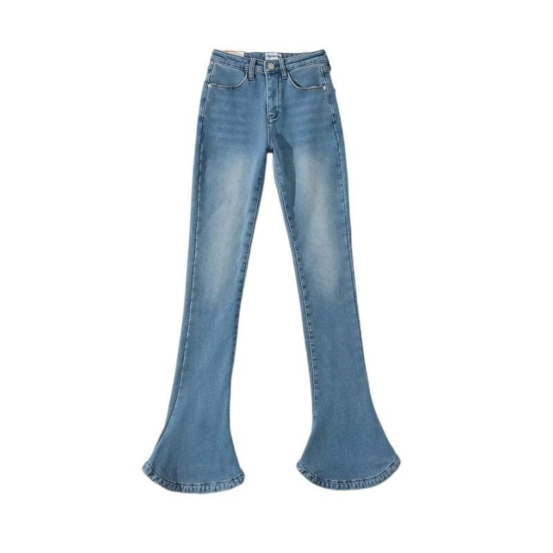 Long-Trousers, Trousers - 秋冬 レディース デニム 微フレアパンツ ハイウエスト スリム 厚手 フリース 暖か ロング丈 床引き セクシー ベーシック デイリー コーデ カジュアル ファッション