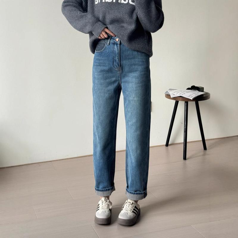 デニムパンツ レディース 秋冬 韓国風 カラー切り替え フランネル ルーズフィット ストレート ハイウエスト スリム効果 レトロ 暖か 防寒 通勤 街着 カジュアル(4.0)