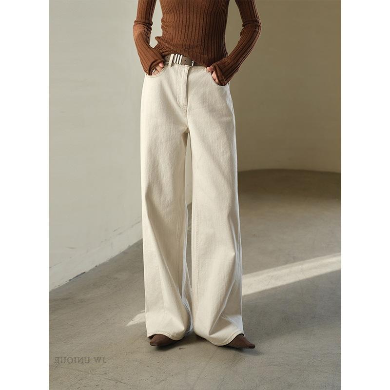 ・生地: ポリエステル・パンツタイプ: ワイドレッグパンツ・丈: ロングパンツ・腰位置: 中腰・厚さ: 中厚・色: オフホワイト・サイズ: S,M,L,XL・伸縮性: 無・カテゴリ: デニムパンツ