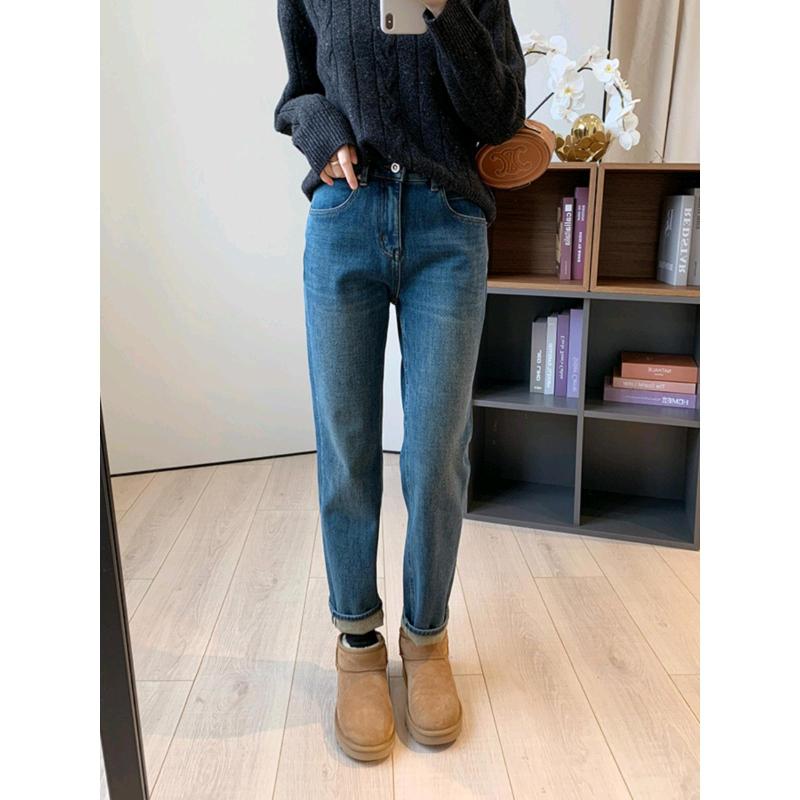 Long-Trousers, Trousers - レディース デニムパンツ ハイウエスト ストレート 細見え 保温 快適 秋冬 テンセル混 コットン カジュアル 合わせやすい