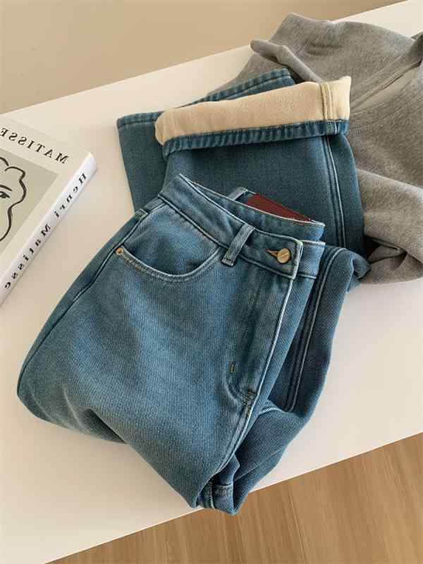 デニムパンツ レディース 秋冬 ハイウエスト 保暖 ワイドレッグ ストレート ブルー 通勤 スリム 肌白く..