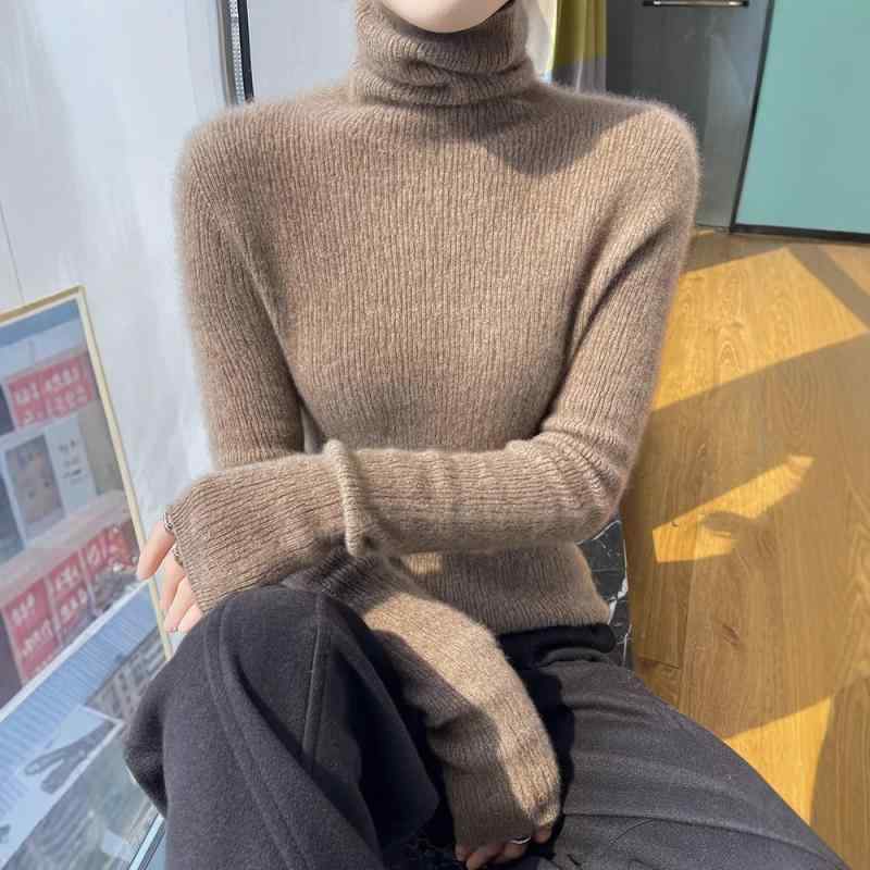 秋冬 レディース ウールセーター 厚手 フリルネック 100%ウール スリムフィット プルオーバー ニット インナー 合わせやすい スリム効果 修身 百搭 針織 打底衫 套头 毛衣 显瘦
