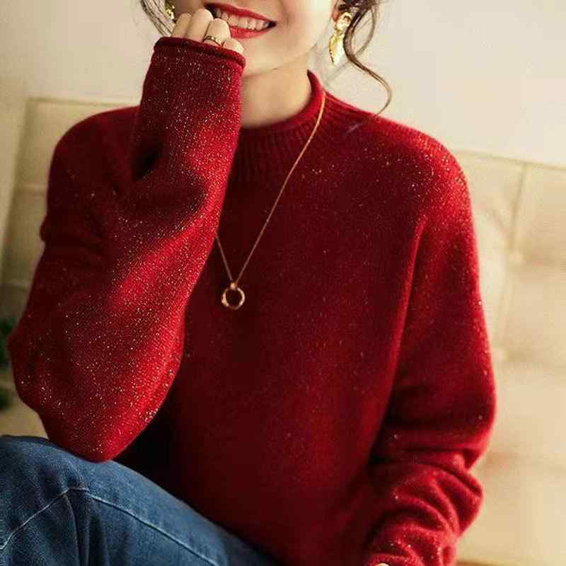 セーター レディース 秋冬 ゆったり 長袖 インナー トップス 赤 純羊毛 ウール ニット プルオーバー ベ..