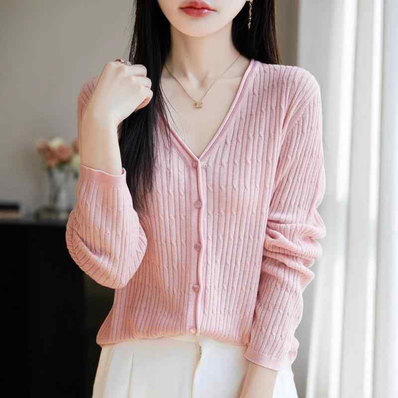 ニットカーディガン レディース 春秋 薄手 ゆったり Vネック ケーブル編み ウール シルク 混紡 羽織り アウター トップス 開襟セーター ニットアウター 軽やか 快適 レイヤード
