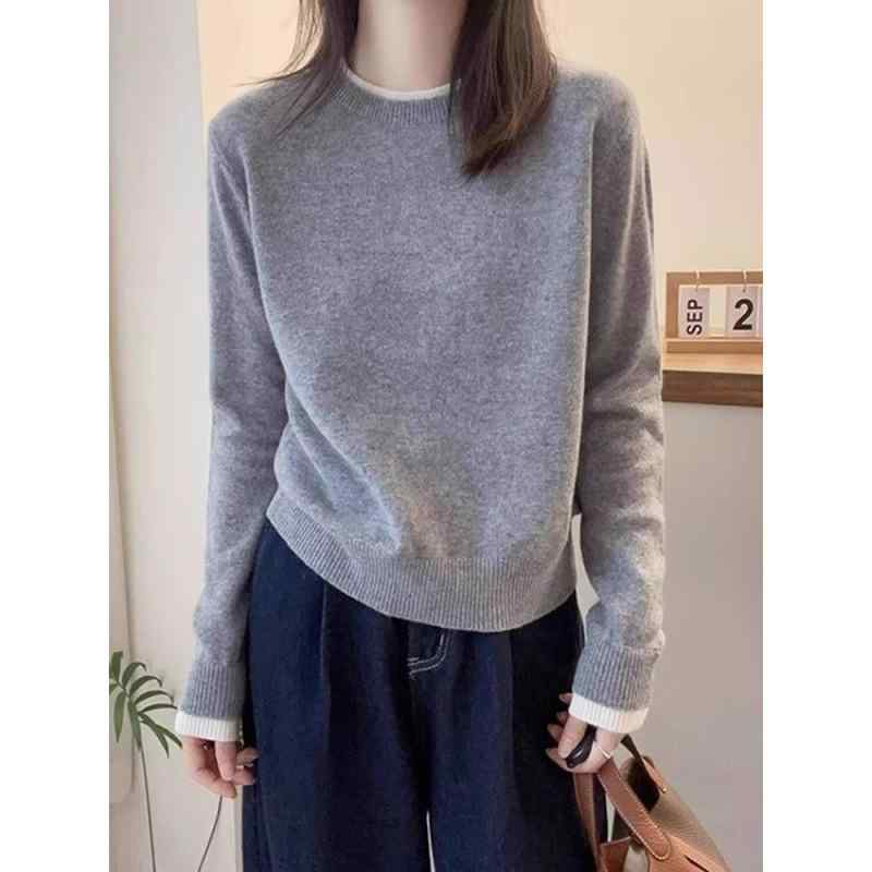 レディース ニットセーター 春秋 ミックスカラー 偽2ピース クルーネック ゆったり スリム見え 長袖 プルオーバー ウール トップス セーター 針織トップス 秋物 冬物 暖か 着回し コーデ レイヤード