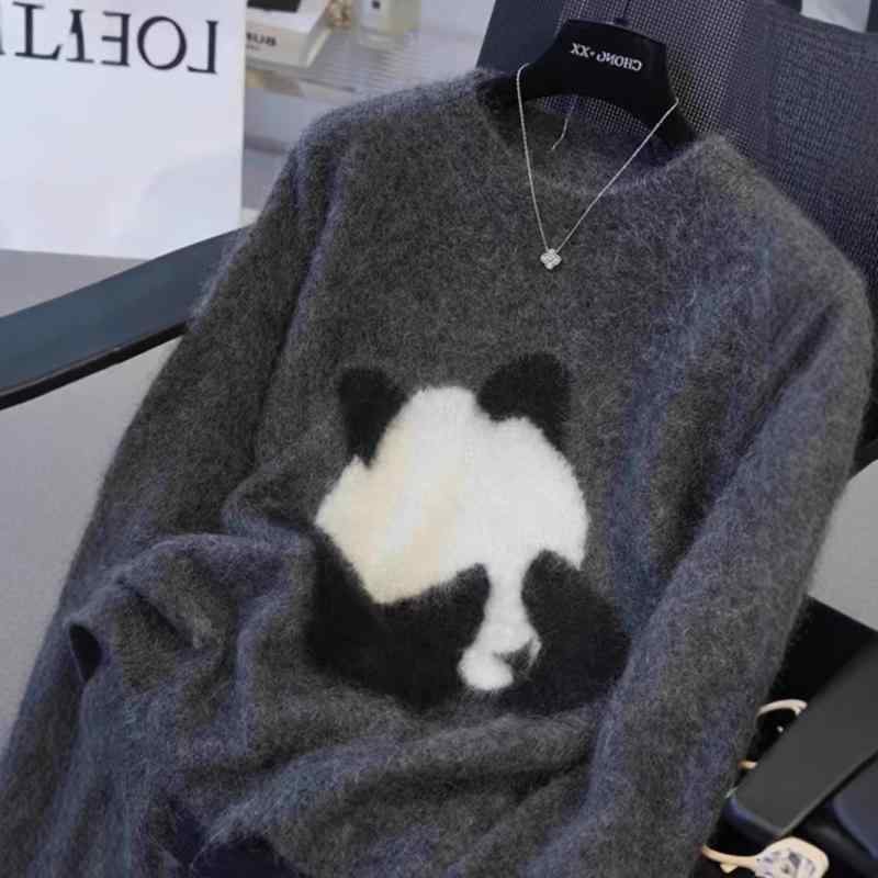 ニットセーター レディース 秋冬 ゆったり 落肩 パンダ刺繍 丸首 厚手 羊毛 ウール インナー 暖か 柔らかい かわいい カジュアル 部屋着 スリム ルーズ フィット