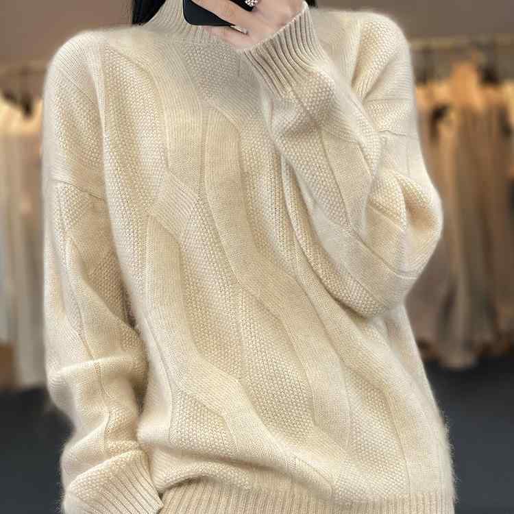 ニットセーター レディース 秋冬 羊毛100% 厚手 ハーフハイネック ケーブル編み ゆったり インナー ベースレイヤー トップス ニットトップス 毛織物 暖か レイヤード